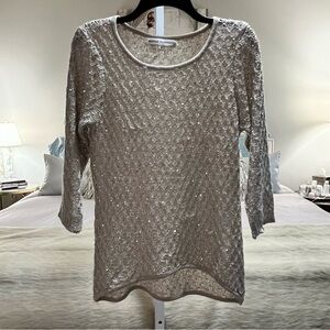 NICOLE ALEXANDER Gray Silver Sequined S Scoop Neck Sweater 3/4 Sleeves Hi-Lo